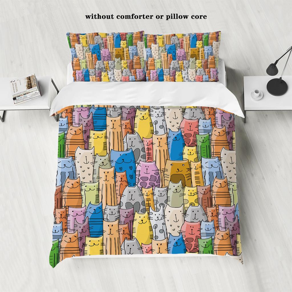 3-piece Down Duvet Cover with Cat Pattern Print (1 Down Duvet Cover+2 Pillowcases, No Core) Soft and Comfortable Bedding Set