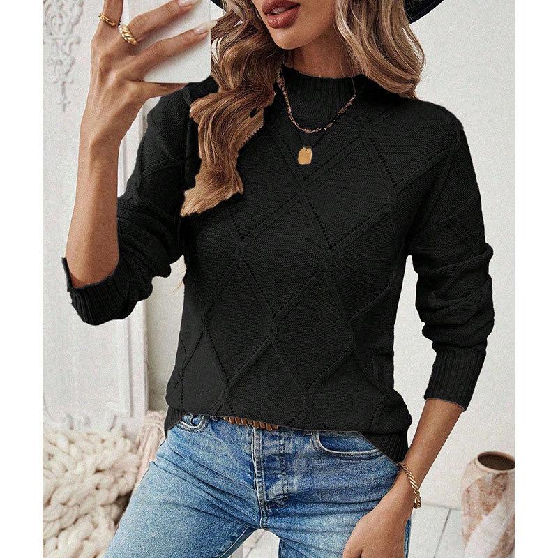European and American Foreign Trade Women's Sweater, Solid Color Rhombus Hollow Round Neck Pullover Knitted Sweater Top Women