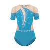 Girls Figure Skating Leotard Short Sleeve Cutout Back Sheer Mesh Patchwork Shiny Rhinestones Bodysuit
