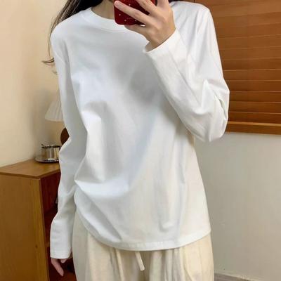 İlkbahar Sonbahar Yuvarlak Yaka Düz Renk Pamuklu Tişört Kadın Uzun Kollu Her Şeyle Uyumlu Alt Giyime Uygun Üst Kazak T-shirt