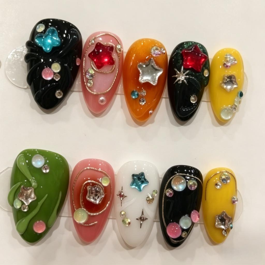 10 Pcs Handmade Y2K Short Almond Press On Nails With 3D Star Charms Colorful False Nails For Women And Girls