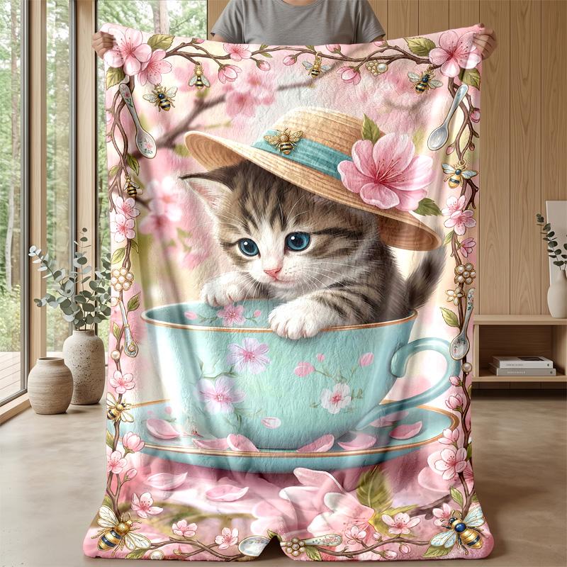 Kitten in Valentine s Frame Theme blanket Lightweight Warm Flannel Blanket Decorative Throw Blanket for Home Decoration