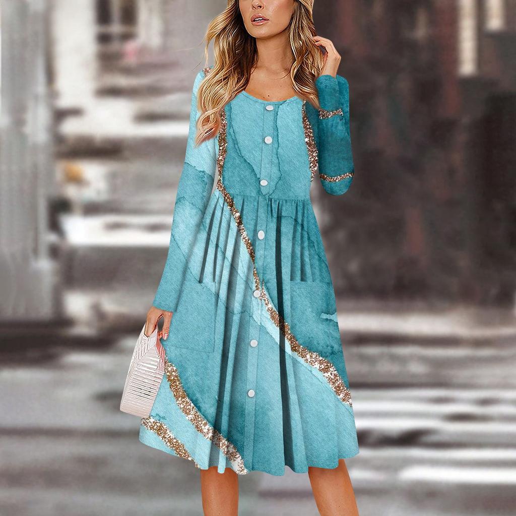 Women's Casual Fashion Sexy Comfortable Sundress Button Long Sleeves With Pockets Floral Print Dress