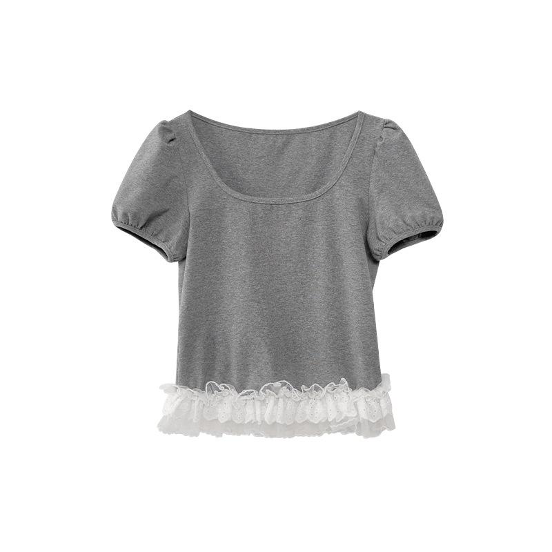 Interpret Beauty Summer 2025 Sweet Lace Trim Slimming Square Neck Short Sleeve T-Shirt S5012