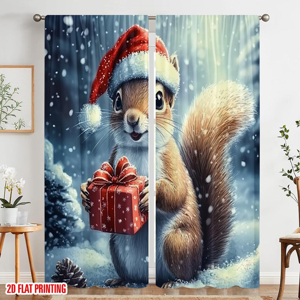 2pcs,2D Plane Printing Minimalist Curtains Cute Squirrel Christmas Gift Durable Polyester (without Rod) All Seasons Use for