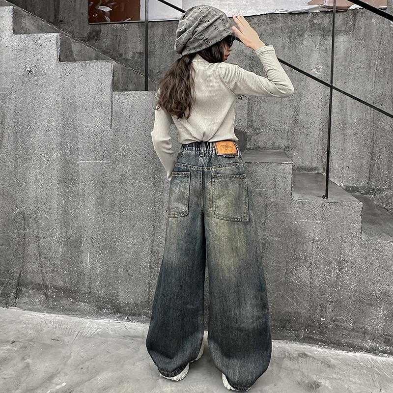 Kids Designer Vintage Gray Jeans for Girl Streetwear Y2k Baggy Denim Cargo Pants with Pocket Young Lady Child Jeans Trousers