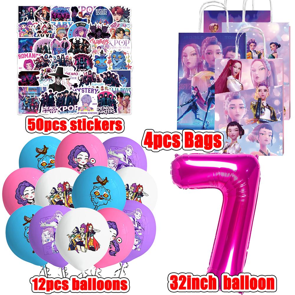 Kpop Demon Hunters Party Supplies Stickers Balloons Party Favors Disposable Tableware Tablecloth Plates Cups Baby Shower Toys