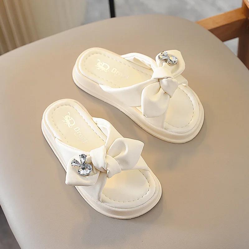 Summer Children's Slippers for Home Fashion Kid's House Slippers Fashion Rhinestone Bowknot Girls Princess Flip-flops Open-toe