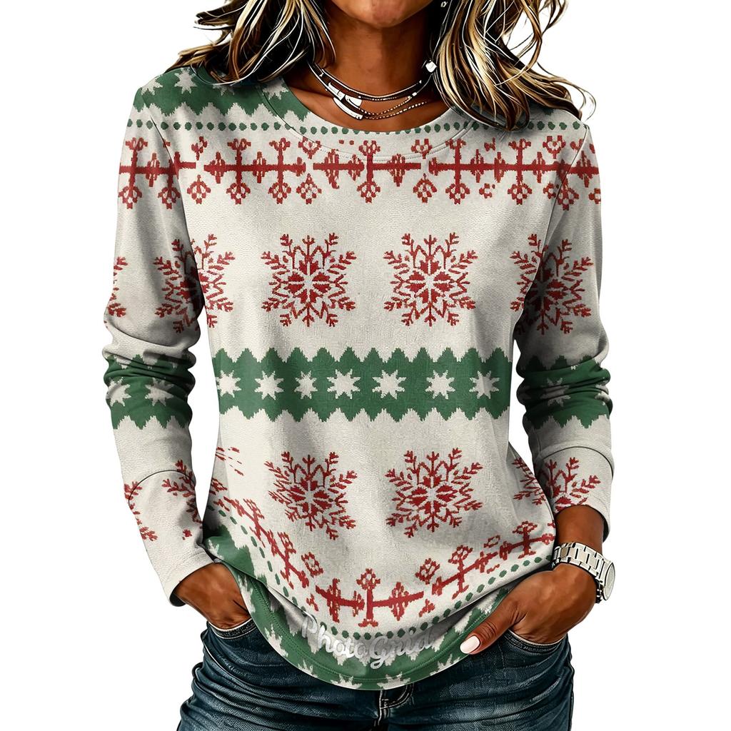Women's Stylish Casual Christmas Print Long Sleeve Neck Top for Winter Holiday