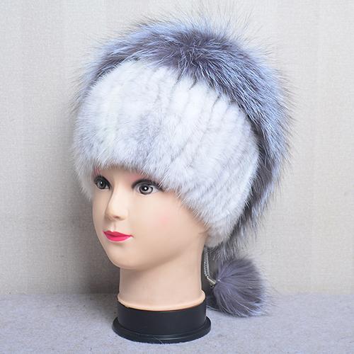 Hot Sale Real Mink Fur Hat For Winter Women Imported Knitted Mink Cap With Fox Fur High Quality Women Warm Real Fur Beanies Hat