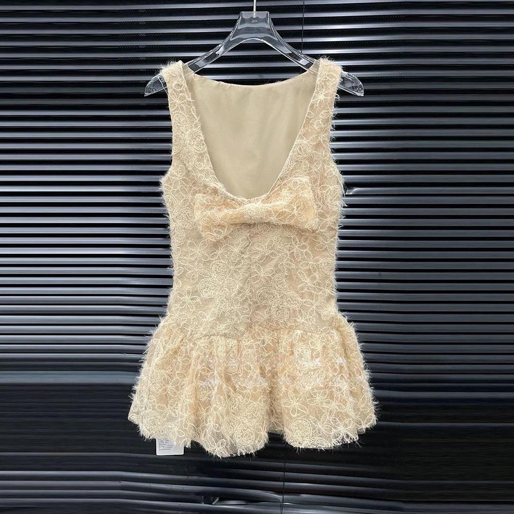 Spring 2026 Lace Bow Backless Spaghetti Strap Dress - French Style Short Skirt for Women