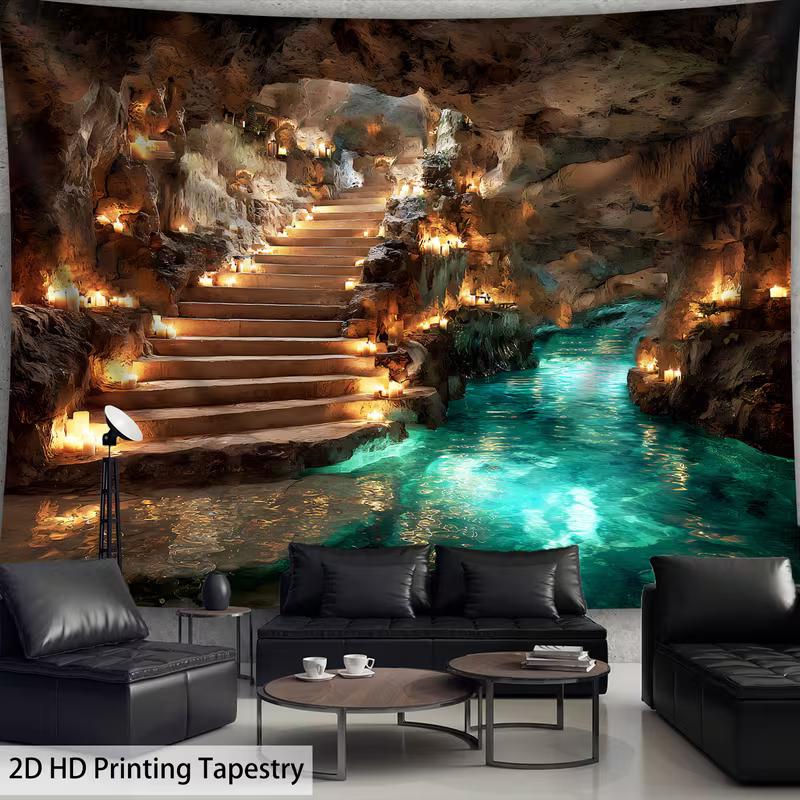 2D Turquoise River Cave Tapestry Magical Candlelit Stairs Photography Background