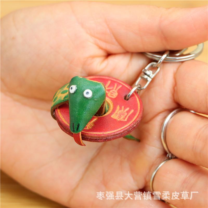 First Layer Cowhide Creative Copper Coin Small Snake Keychain Bag Accessories Pendant Small Green Snake Twelve Zodiac Cowhide Pendant