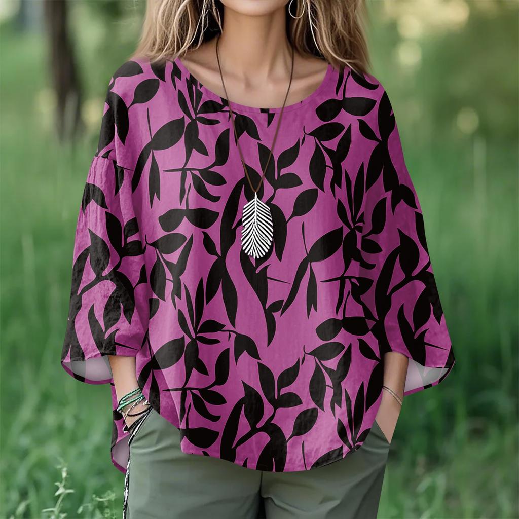 Summer Tops For Women Cute O Neck 3/4 Sleeve Blouses Floral Print Top Casual Shirts