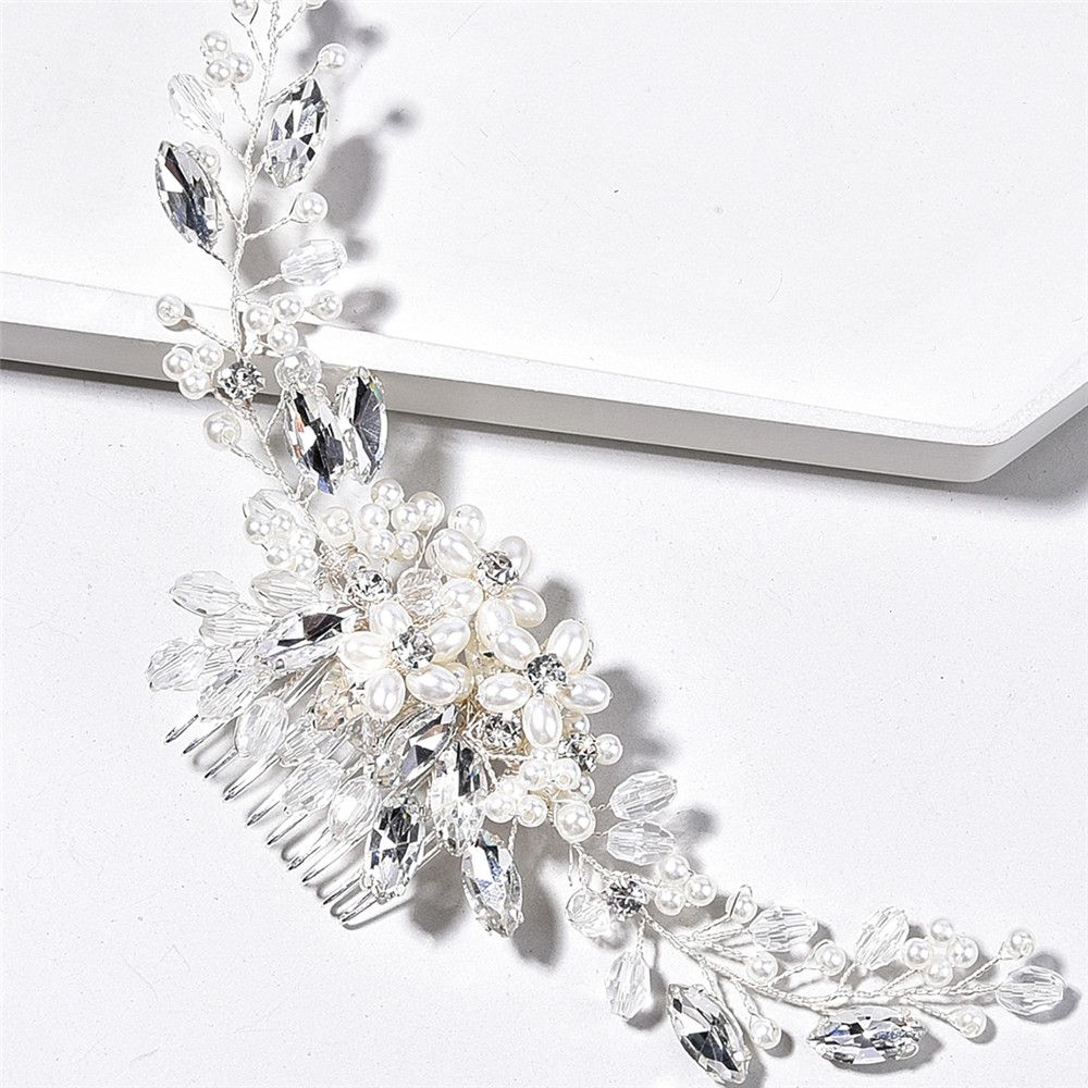 Gold Silver Wedding Pearl Rhinestone Hairbands Tiara Headpiece Flower Hair Comb Shiny Flower Clip
