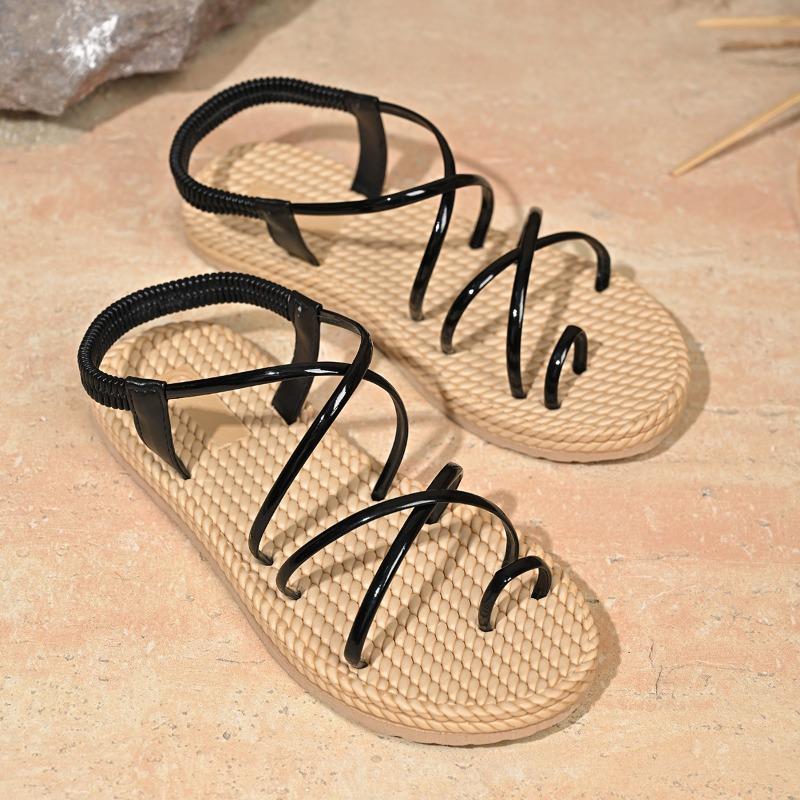 

Fashion Flat Plus Size Sandals Summer New Round Toe Pullover Foot Slim Strap Soft Sole Anti-slip Wear-resistant Roman Shoes 42 чёрный