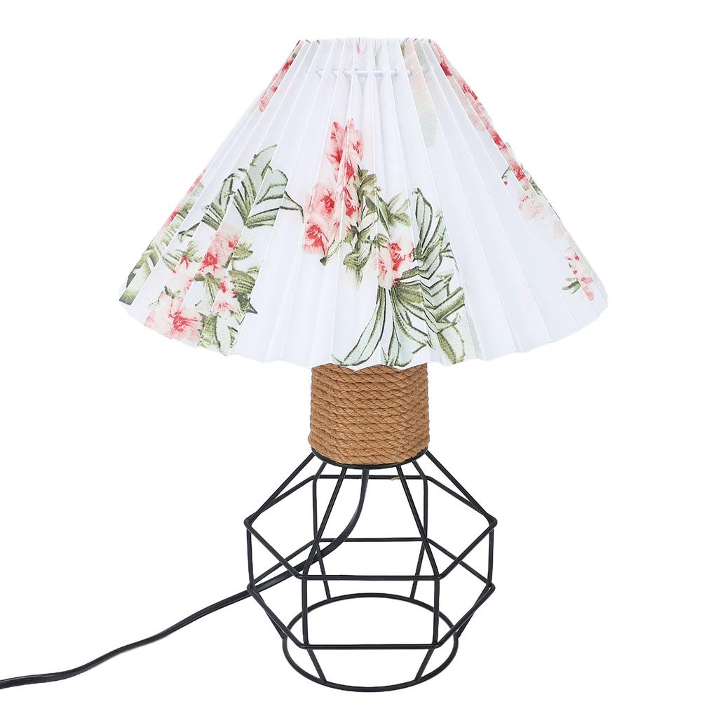 Pleated Lampshade Table Lamp Vintage Jute Rope Iron Geometric Bedside Lamp for Bedroom Living Room Office