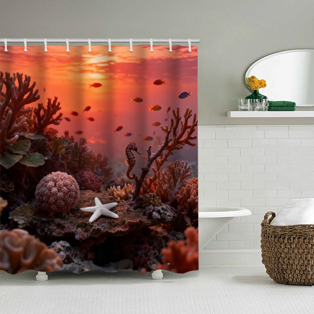 1/4 Marine Organisms Print Shower Curtains, Toilet Seat Decoration, Shower Curtain with Carpet and Toilet Lid, 70.8x70.8 Inch