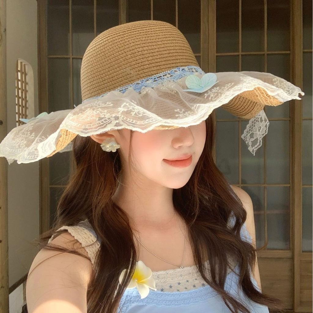 Summer Women Blue Lace Butterfly Bow Sun Hat With Wide Brim For Beach And Vacation
