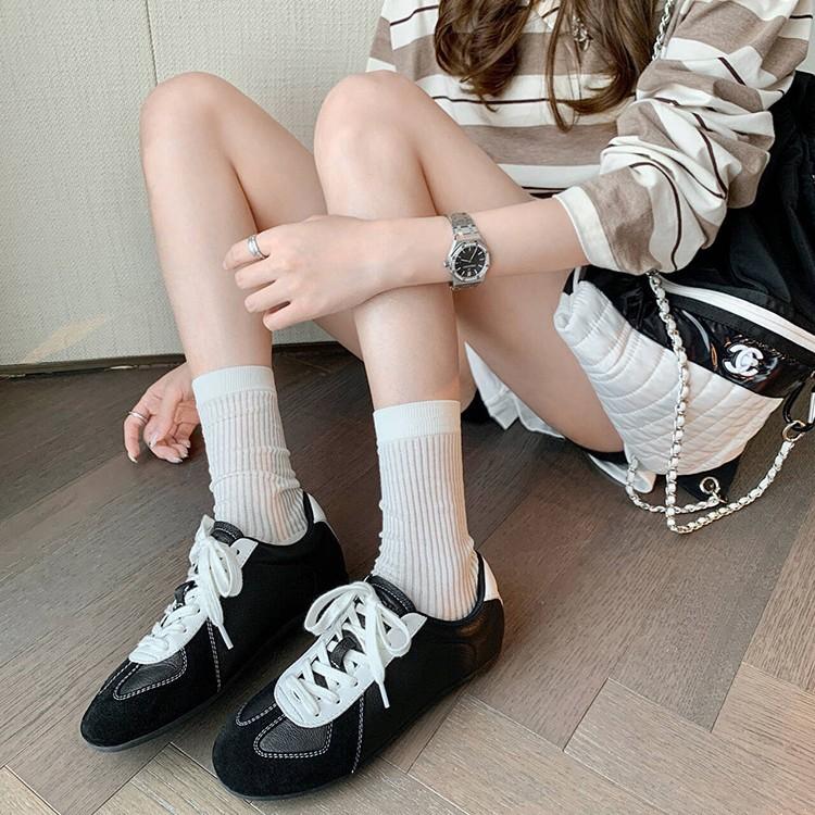 Sheepskin Version~ Retro German Training Shoes Women's Color Matching Lace-up Round Head Casual Sports Board Shoes Versatile Height-increasing For