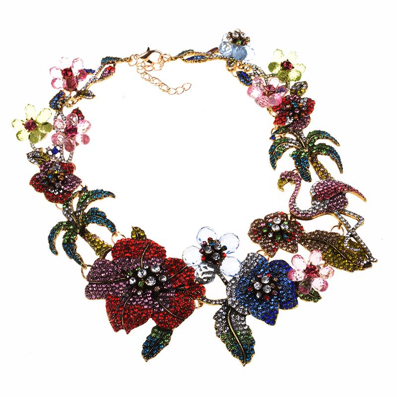 Fashion Colorful Crystal Rhinestone Flamingo Choker Necklace Women Indian Ethnic Statement Large Collar Big Bib Necklace Jewelry