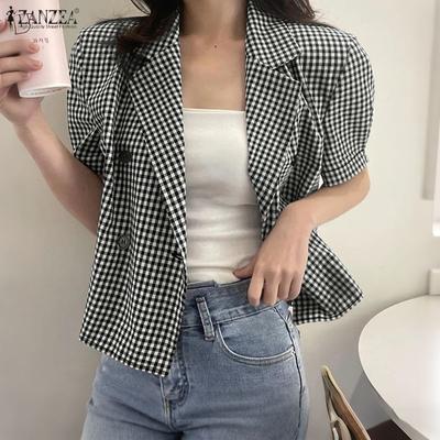 Blouse à carreaux décontractée pour femme, col rabattu, manches courtes d'été