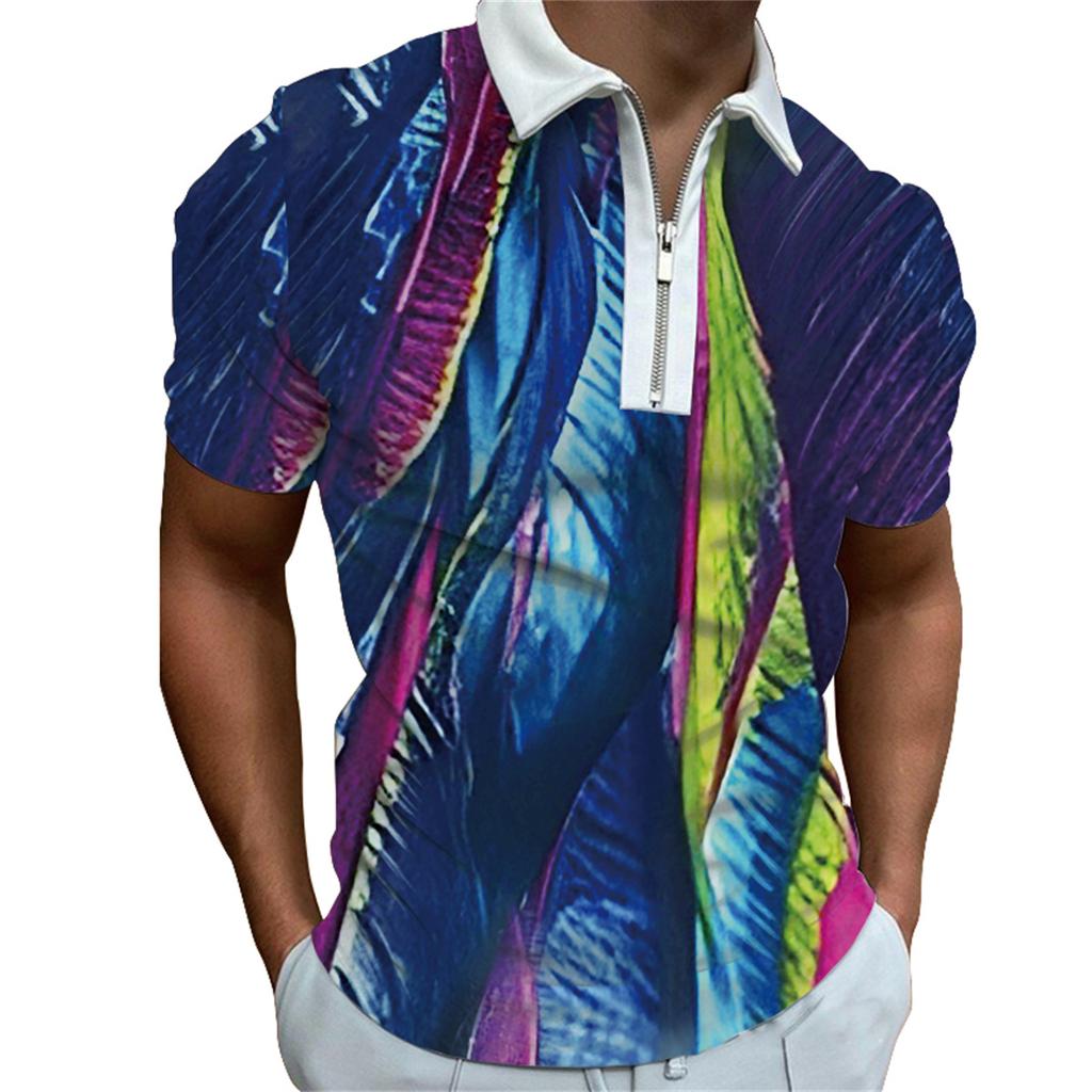 Men's fashion personalized short sleeve zipper POLO shirt men's printed lapel POLO shirt T-shirt