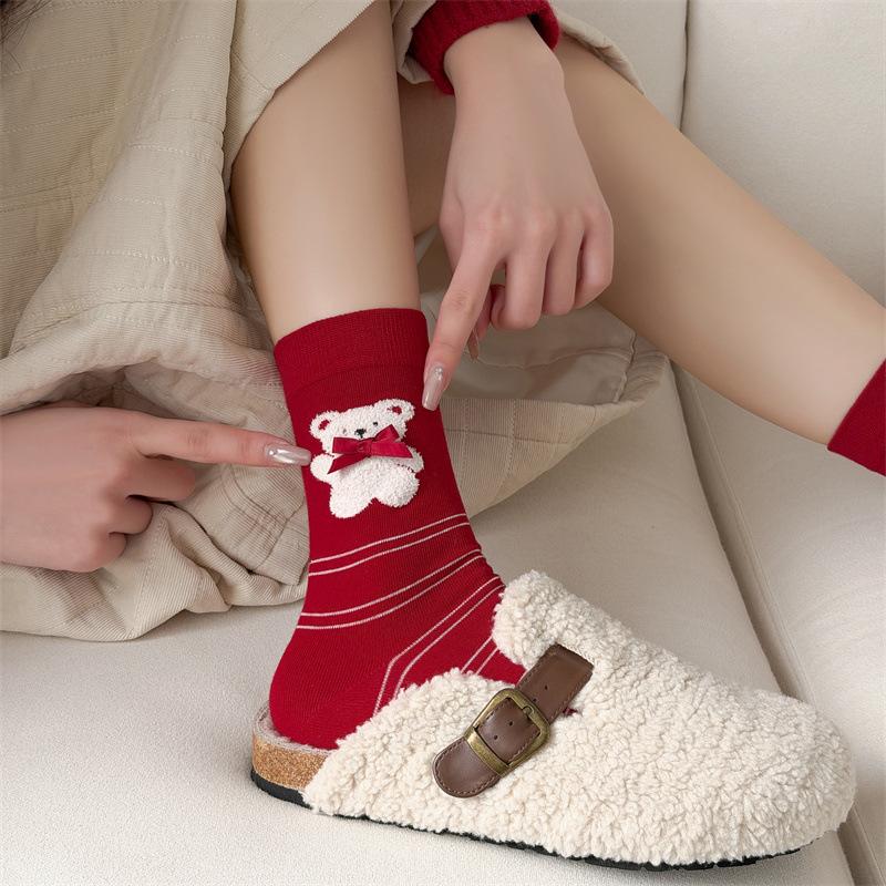Little Bear Red Cartoon Socks, Women's Autumn and Winter Pure Cotton Mid-calf Socks, Heart-shaped Little Dog Polka Dot Striped Socks