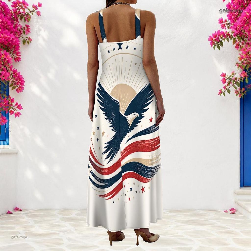 Women Plus Size Off White Scoop Neck Strappy Sleeveless Eagle Star Flag Printed A Line Long Maxi Dress