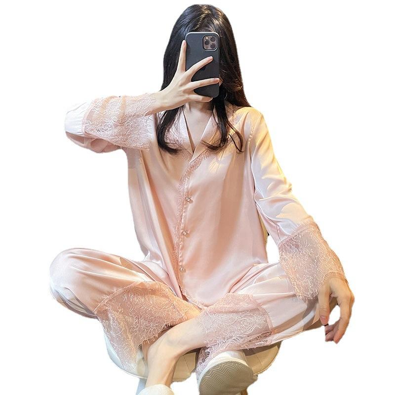 Pajamas Women'S Spring And Summer Pink Girly Style Long-Sleeved Trousers Sexy Lace Two-Piece Suit Loungewear
