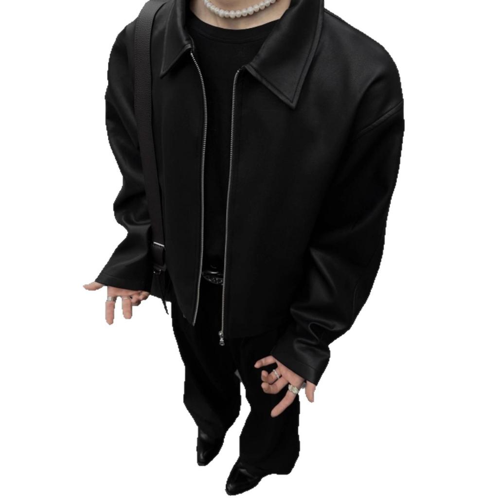 Men's Trendy Korean Style Black and Red PU Leather Jacket with Lapel