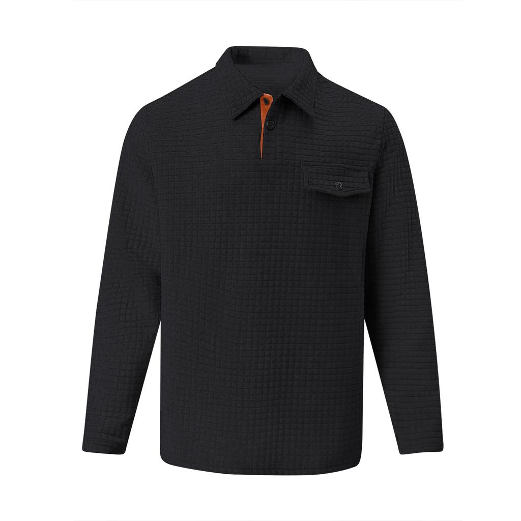 Men's Solid Color Plaid Button Lapel Pocket Long Sleeve Top Men's Casual Fashion Long Sleeve Top
