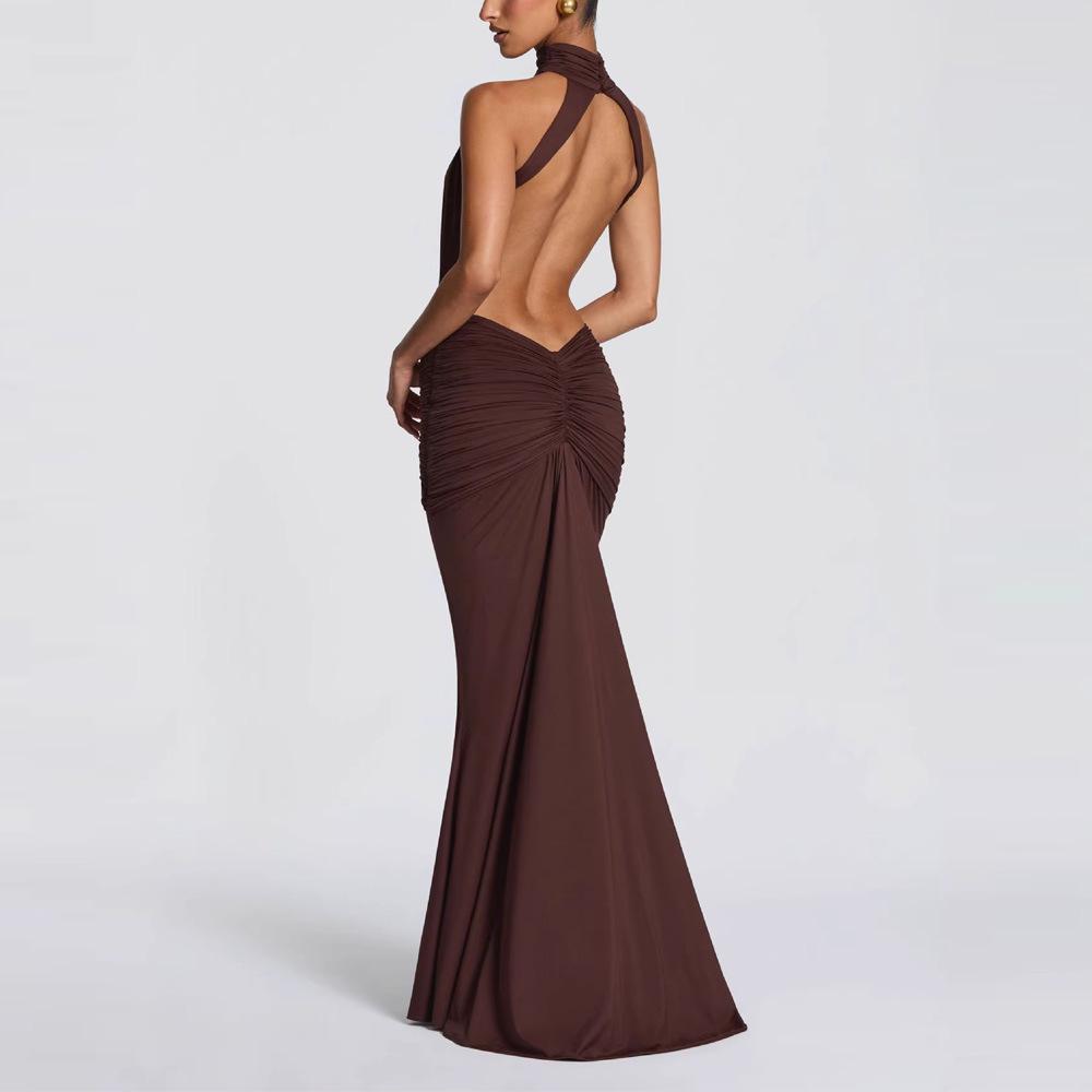 European-American Elegant Halterneck Pleated Slim Gown - Sexy Backless Long Dress