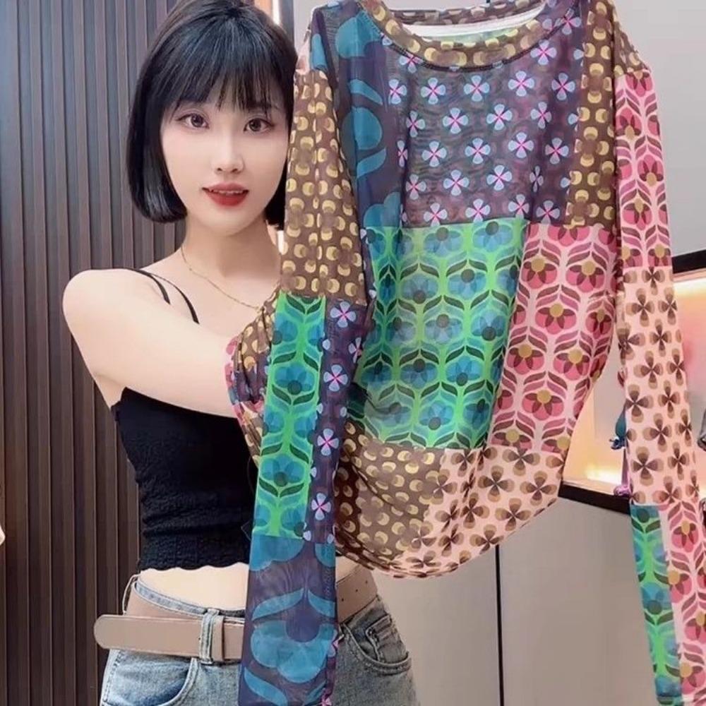 Florales Mesh Stretch Sonnenschutz T-Shirt Damen Sommer Neuer Stil Dünnes Langarm Oberteil