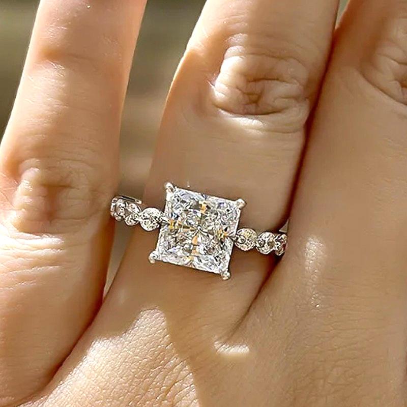 Huitan Eternity Princess Square Cubic Zirconia Crystal Rings Women's Wedding Engagement Luxury Accessories Classic Lady Jewelry