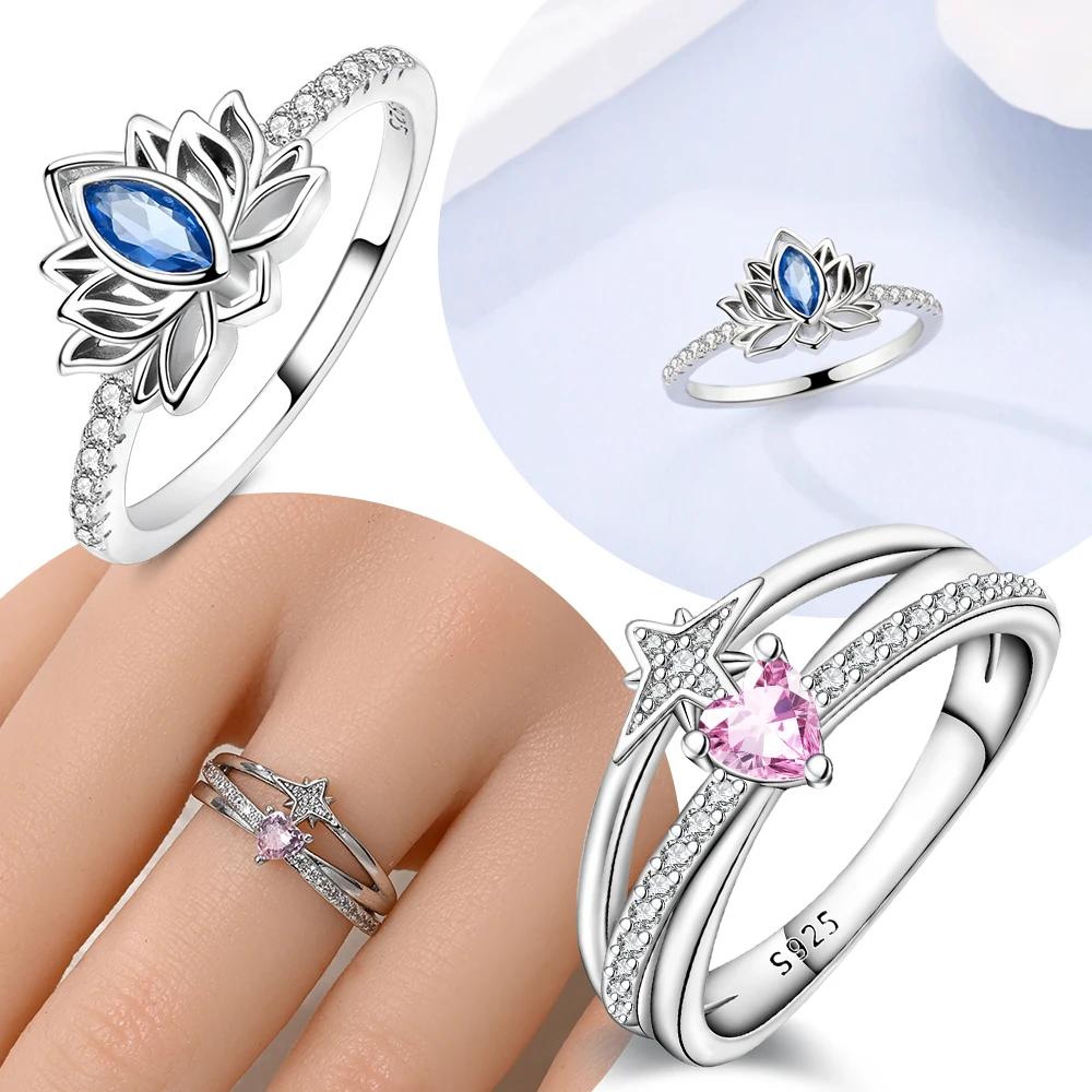 Authentic Copper Jewellery Pink Heart Love Star Shape Blue Zircon Rings Fine Anniversary Luxury Delicate Rings Girlfriend Gift