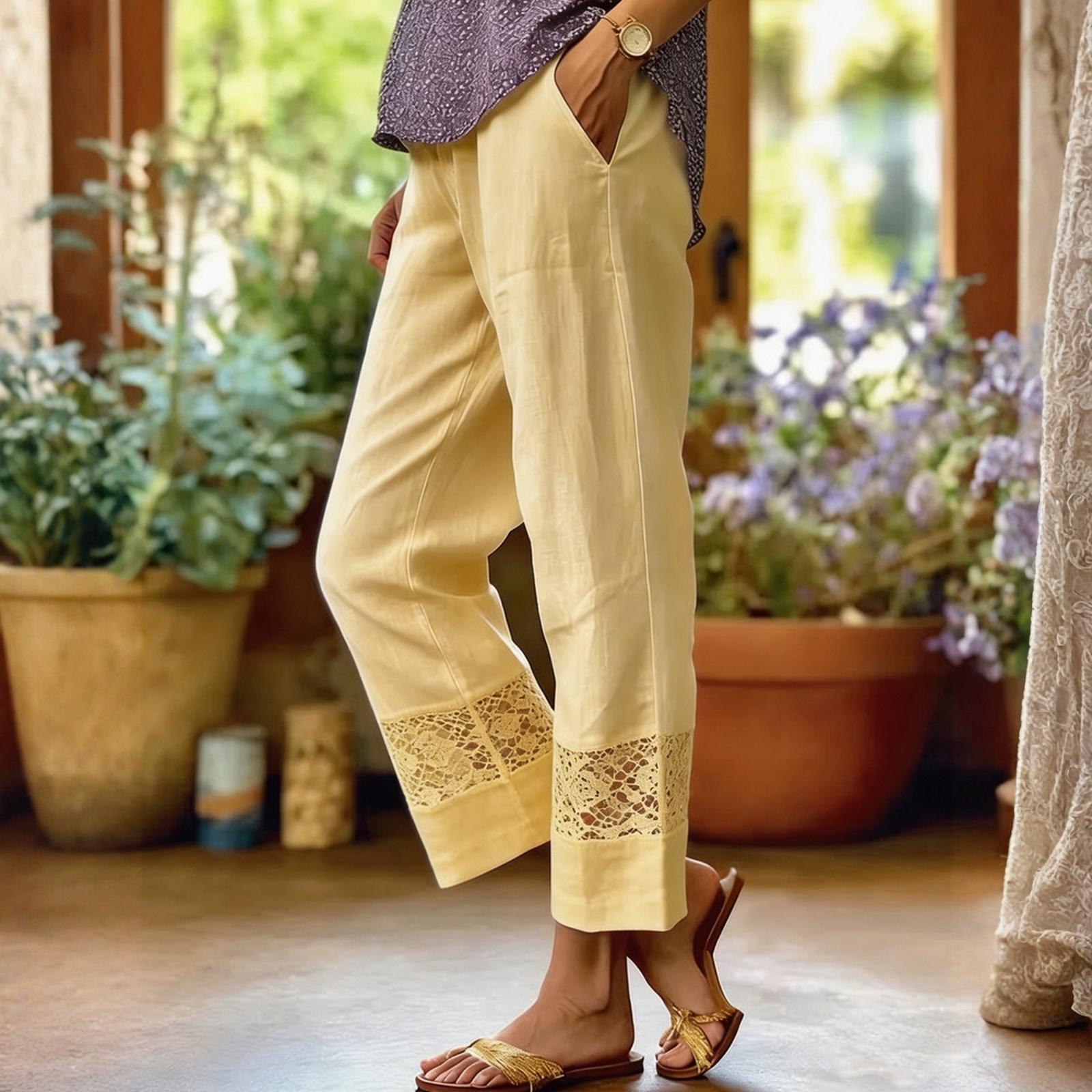 

Ladies Casual Loose Patchwork Cropped Pants L жёлтый