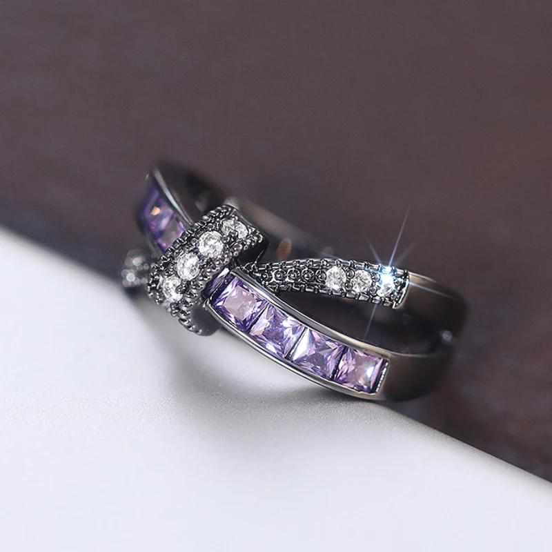 Huitan Special-interested Black Plated Purple CZ Rings for Women Vintage Female Accessories Daily Wear Party Personality