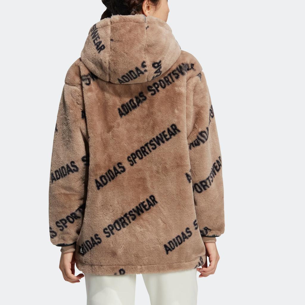 Adidas Monogram Jacket Letter Print Fleece Loose Hooded Coat Women Jackets Pink Brown IB2748