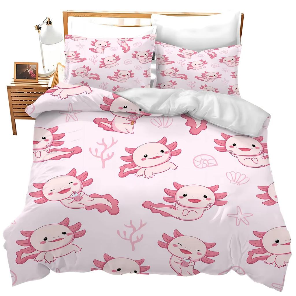 Karton Axolotl Weiches Bettbezug-Set Süßes Salamander-Bettwäsche-Set Kawaii Tierdecke Warme Deckenbezug für junge Jungen junge Mädchen Frauen Schlafzimmer Dekor