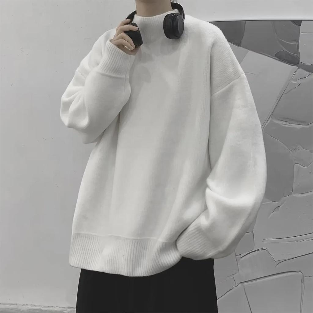 Men's Arctic Velvet Soft Knit Half-Turtleneck Sweater - Autumn/Winter Solid Color, Loose, Warm, Basic Style