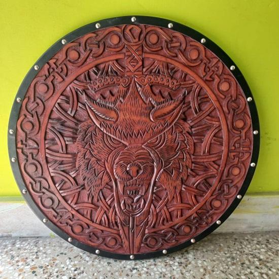 

Щит викинга Волк Деревянный щит ручной резьбы в скандинавском стиле для реконструкции, для показа 60,96 см