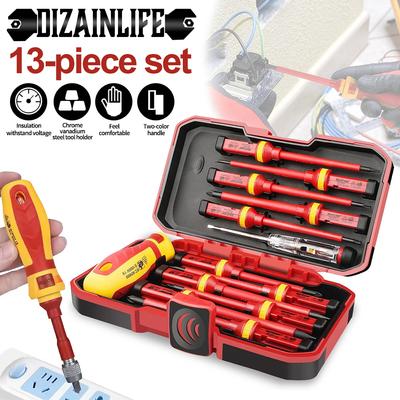 13pcs 1000V Electrician Repair Tools Kit Changeable Insulated Screwdrivers Set CR-V Magnetic Square Phillips Slotted Torx Bits