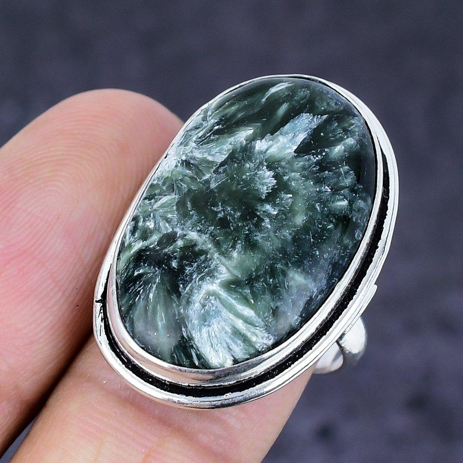 Natural Seraphinite Gemstone 925 Sterling Silver Jewelry Ring Size 7.5 A3N71
