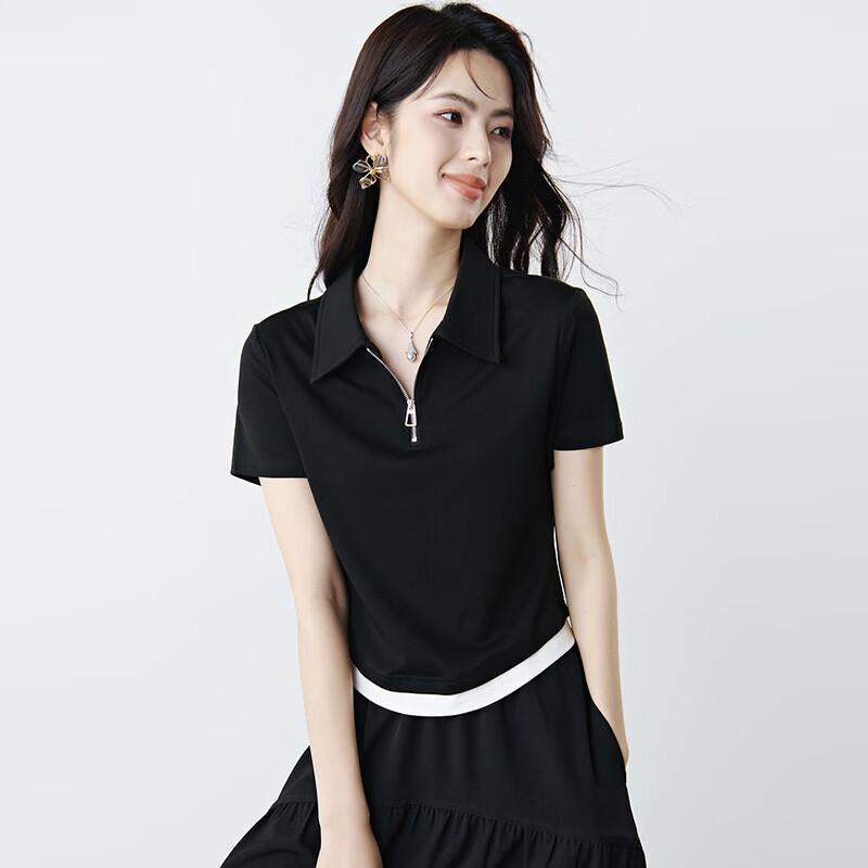 Wan Bai Women s Color-Block Faux Two-Piece Zipper Polo Cotton T-Shirt M чёрный