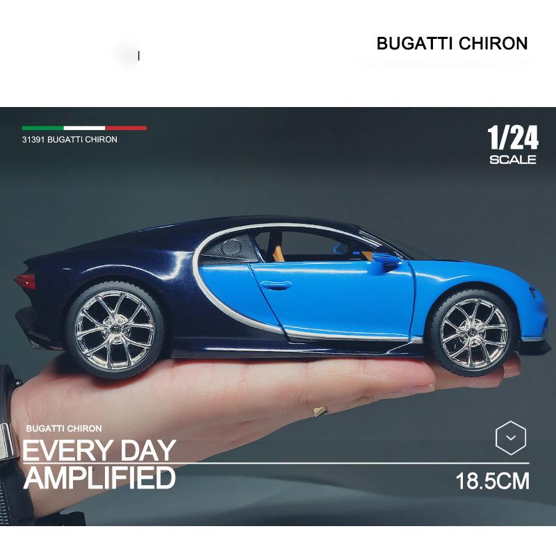 1:Model de mașină Bugatti Chiron la scară de 24 de jucării pentru jucării pentru băieți cu vârsta de 3-12 ani, vehicule cu tragere înapoi cu uși muzicale și capotă care pot fi deschise
