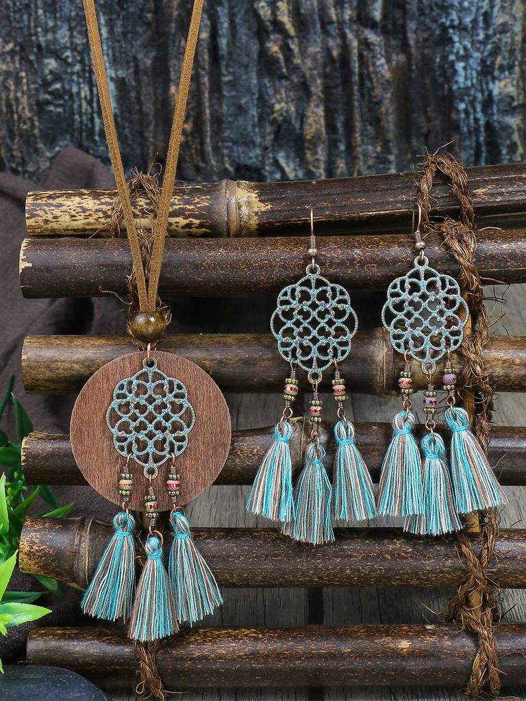 Bohemian style ethnic characteristic hollowed out carved pendant with tassel earrings necklace set combination