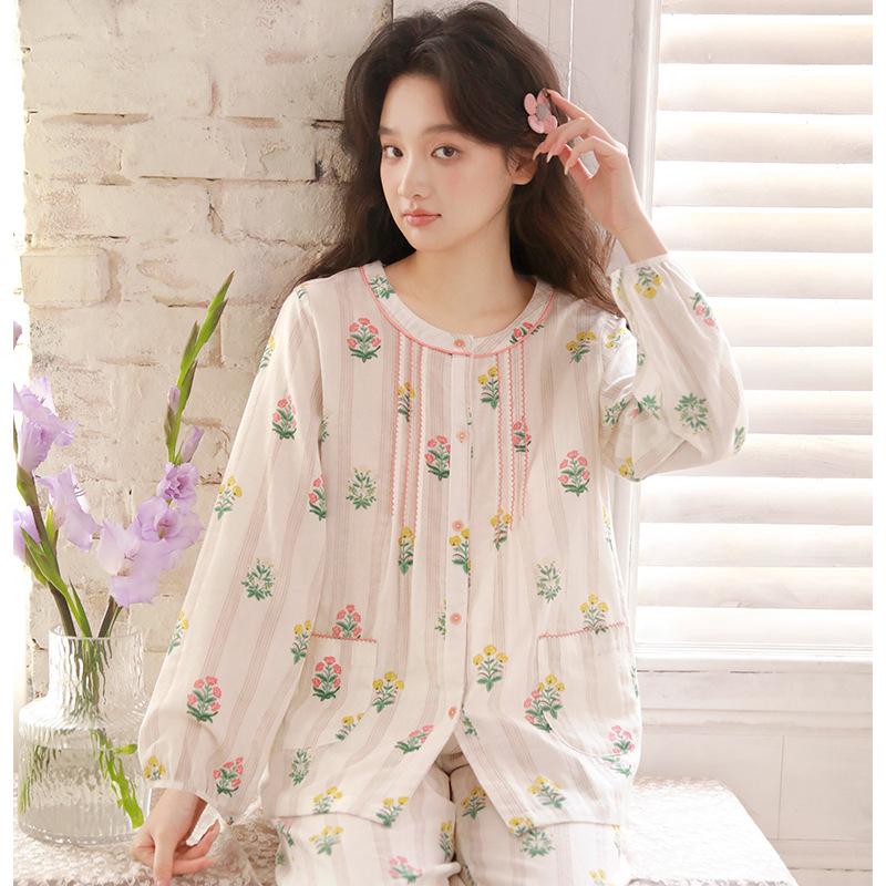 Summer pajamas women's pure cotton cotton yarn floral women's round neck sweet wind round neck thin cardigan long-sleeved set 11
