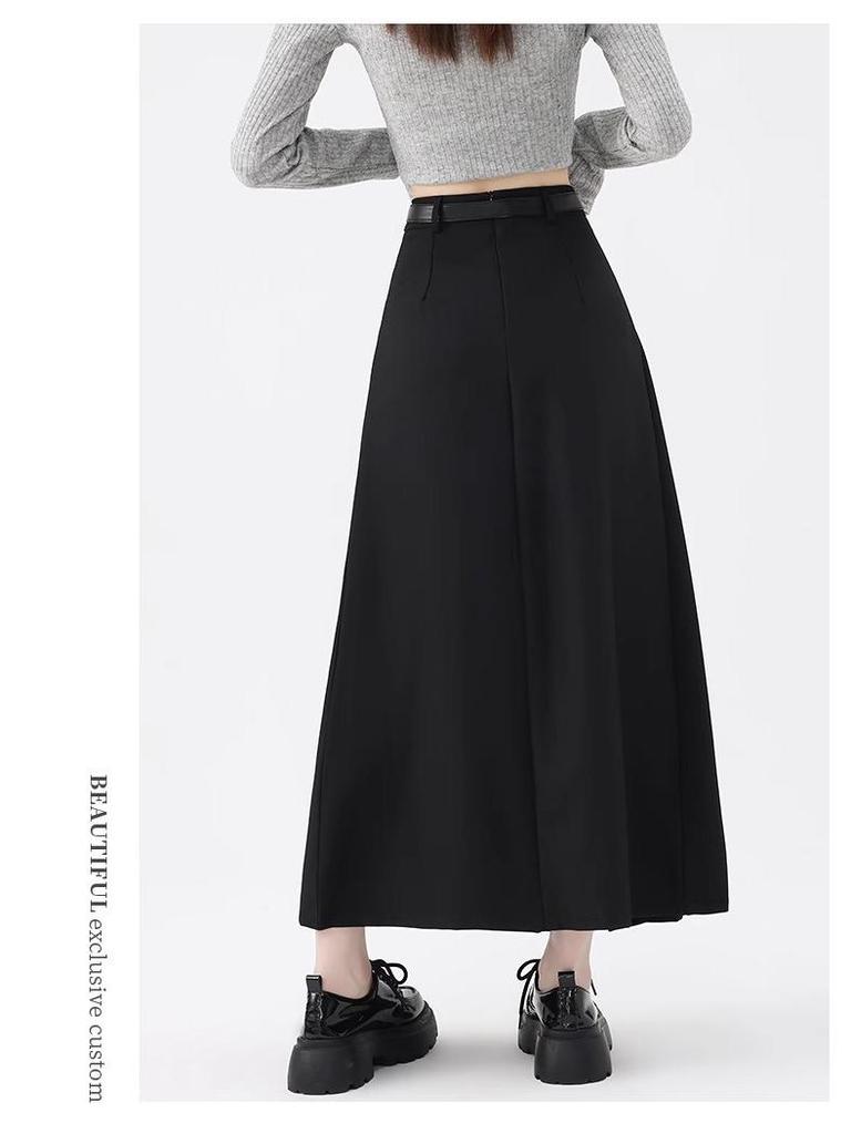 Women's High Waist Gray A-Line Pleated Mid-Length Skirt - Spring, Summer, Autumn 2025