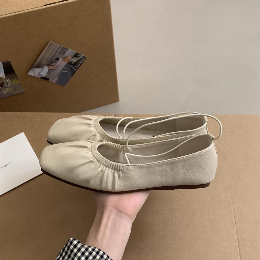 2025 new retro pleated square head retro flat-soled grandma shoes soft-soled single shoes fairy cross-strapped ballet shoes